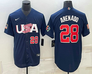 Mens USA Baseball #28 Nolan Arenado Number 2023 Navy World Baseball Classic Stitched Jersey